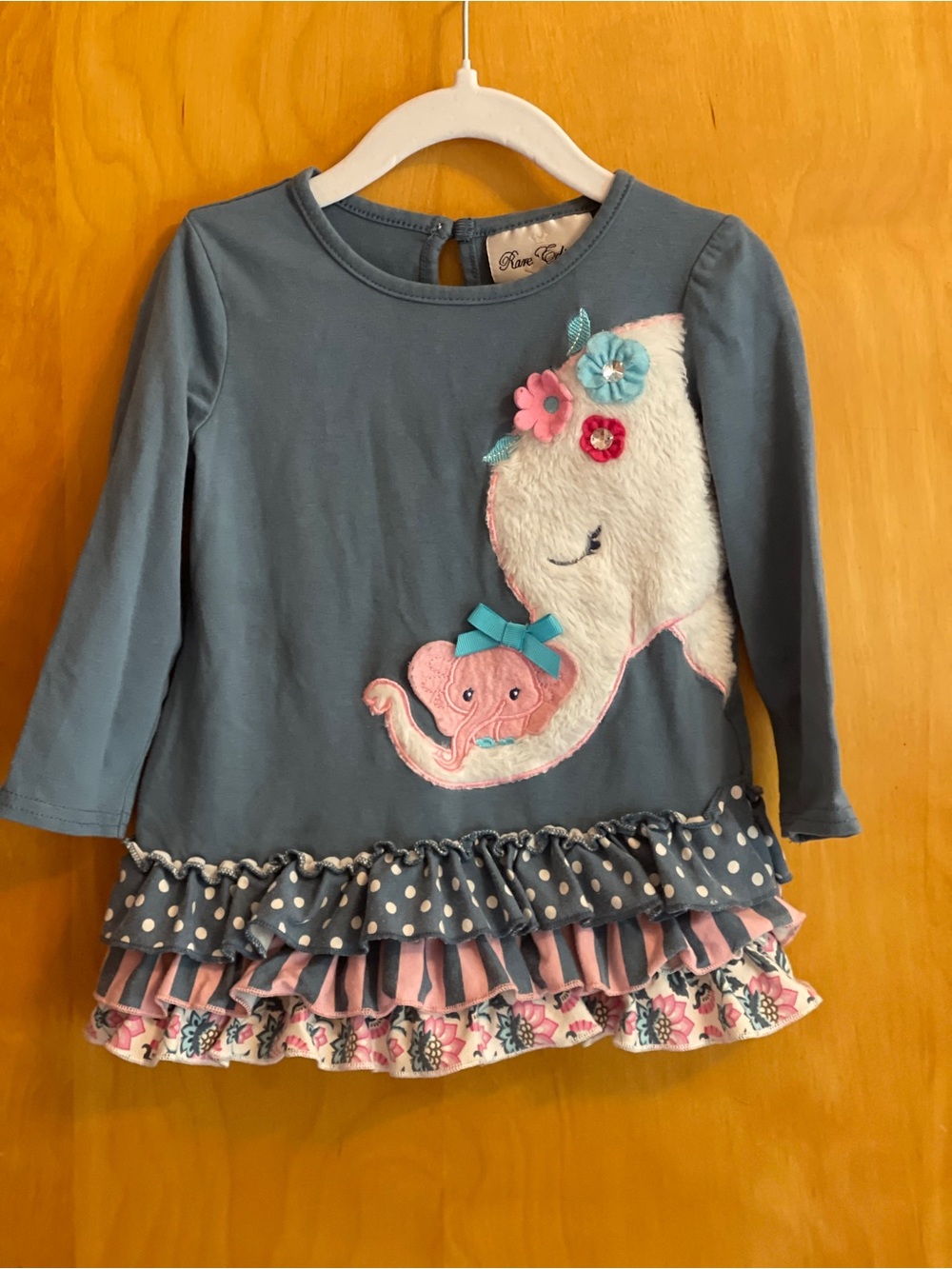 Rare Editions Blue Long Sleeve Ruffle Elephant Tee with Pink Accents